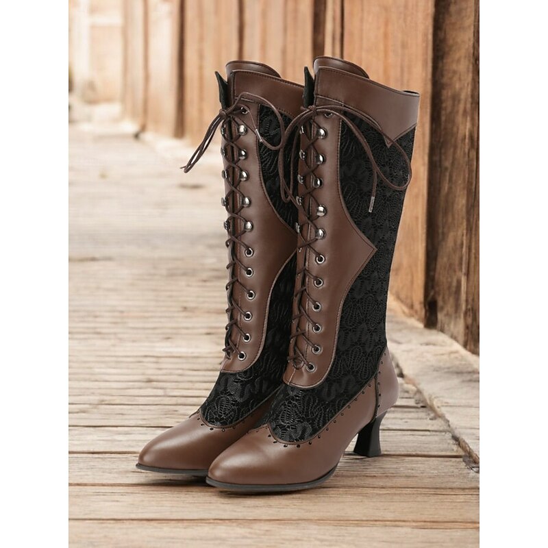 Women's Victorian Lace-Up Mid-Calf Boots – Faux Leather & Lace Steampunk Gothic Costume Shoes for Cosplay, Parties & Special Occasions