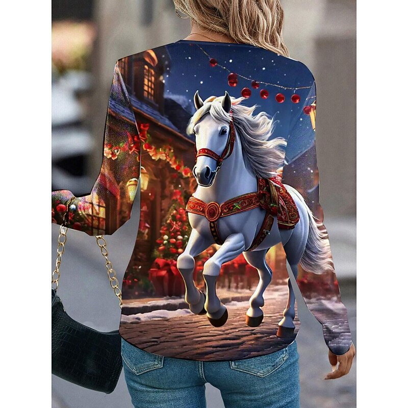 Women's T shirt Crew Neck Long Sleeve Tunic Long Tops New Year Blue Spring, Fall, Winter, Summer2