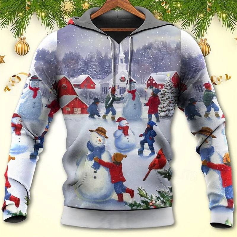 Christmas Men's Christmas Scene 3D Hoodies Graphic Pullover Blue Light Hooded Santa Claus Prints Ugly Cotton2