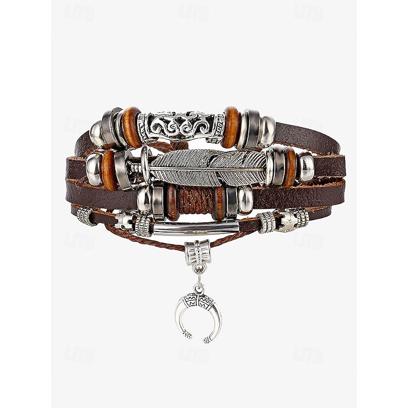 Men's Boho Multi-Layer Leather Bracelet with Feather and Crescent Moon Charm – Vintage-Inspired Adjustable Wrap Bracelet for Casual Style