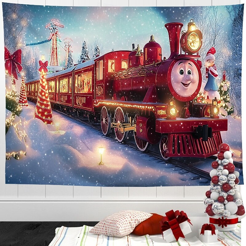 Christmas Decorations Xmas Train Hanging Tapestry Wall Art Large Tapestry Mural Decor Photograph Backdrop Blanket Curtain Home Bedroom Living Room Decoration