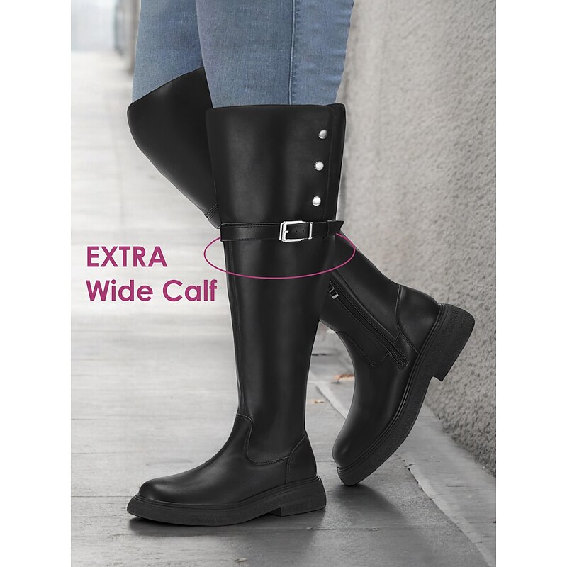 Women's Extra Wide Calf Black Knee-High Boots with Buckle Strap and Side Zipper – Comfortable Fit for Everyday and Casual Outfits