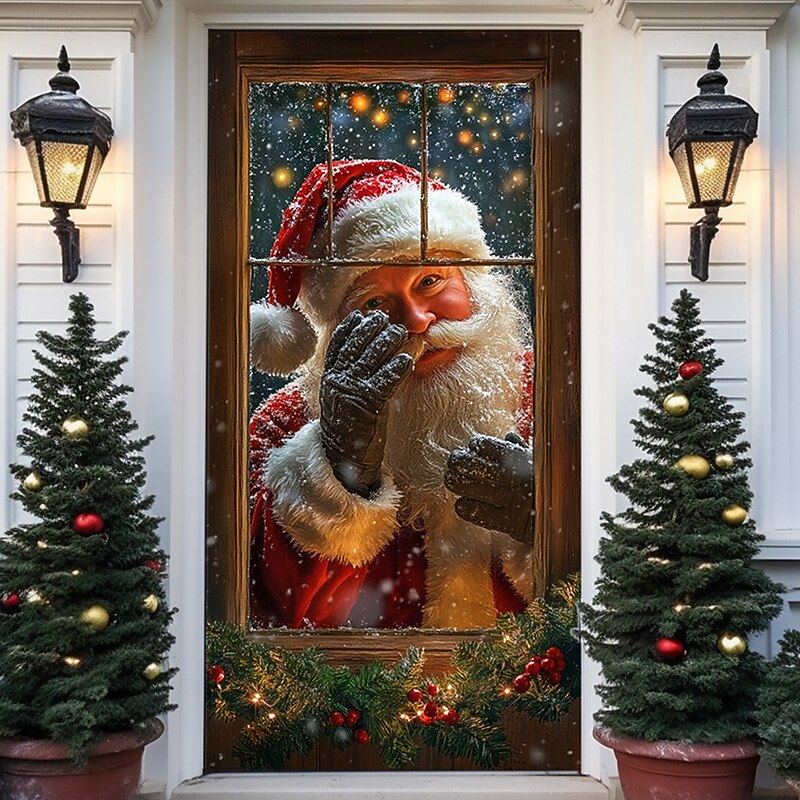 Christmas Door Decorations Door Covers Santa Claus Xmas Snow Door Tapestry Door Curtain Decoration Backdrop Indoor/Outdoor Door Banner for Front Door Farmhouse 8