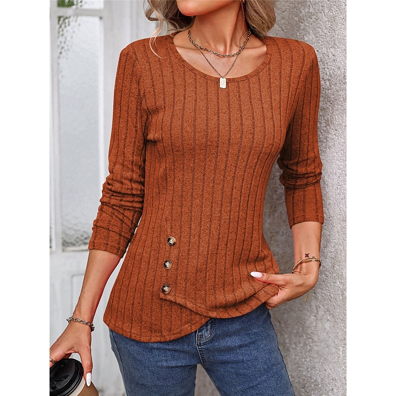 Women's Shirt Blouse Solid Color Basic Casual Long Sleeve Crew Neck Regular Tops Daily Buttons Black Brown Beige Gray Fall Winter