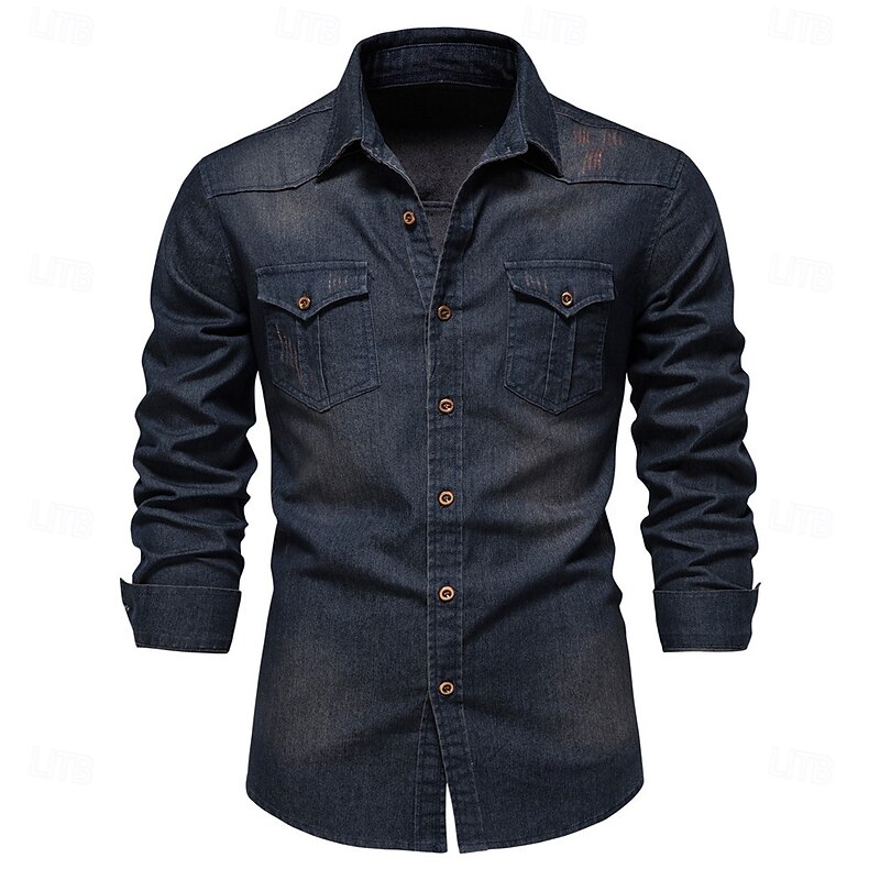 Men's Shirt Casual Shirt Button Up Shirt Denim Shirt Plain Vacation Daily Light Blue Black Dark Navy Blue Long Sleeve Collar Winter Spring &  Fall Clothing Apparel Front Pocket2