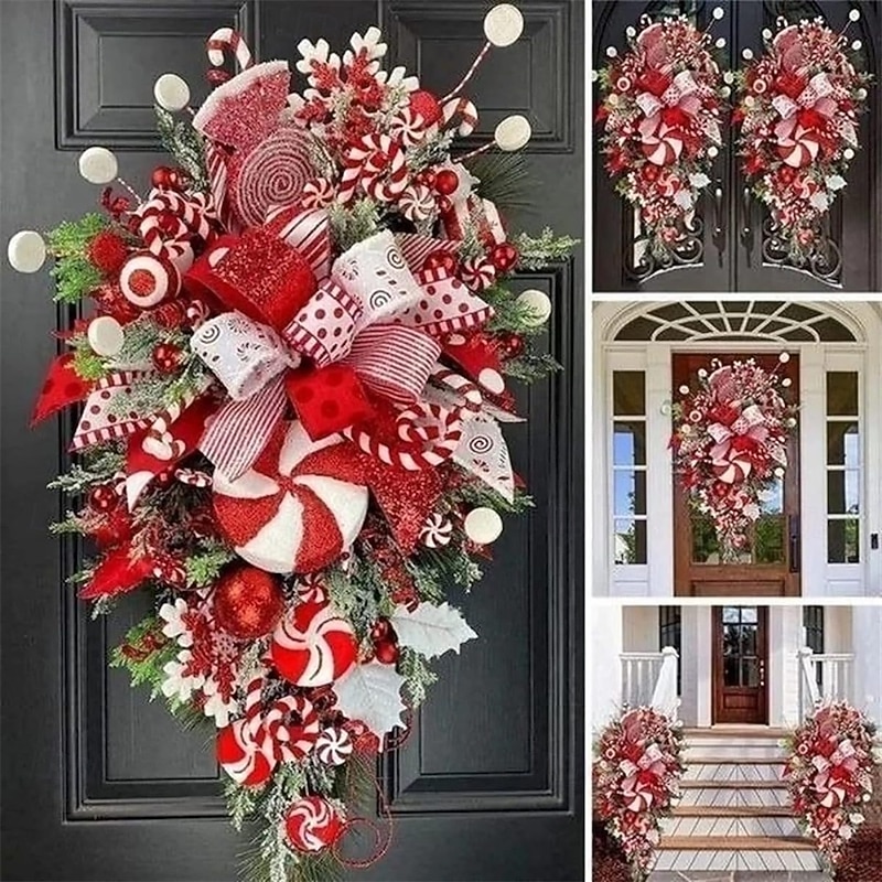 Christmas Garland Candy Flower Plant Upside Down Tree Wreath Xmas Upside Down Tree Garland Hanging Christmas Candy Bow Hanging Christmas Door Hanging Wall Decoration4