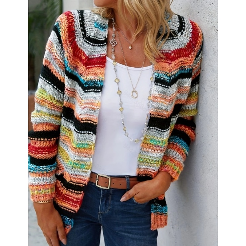 Women's Sweater Striped Cardigan Open Front Ribbed Knit Pocket Knitted Fall Winter Outdoor Daily Weekend Casual Soft Long Sleeve Red Blue