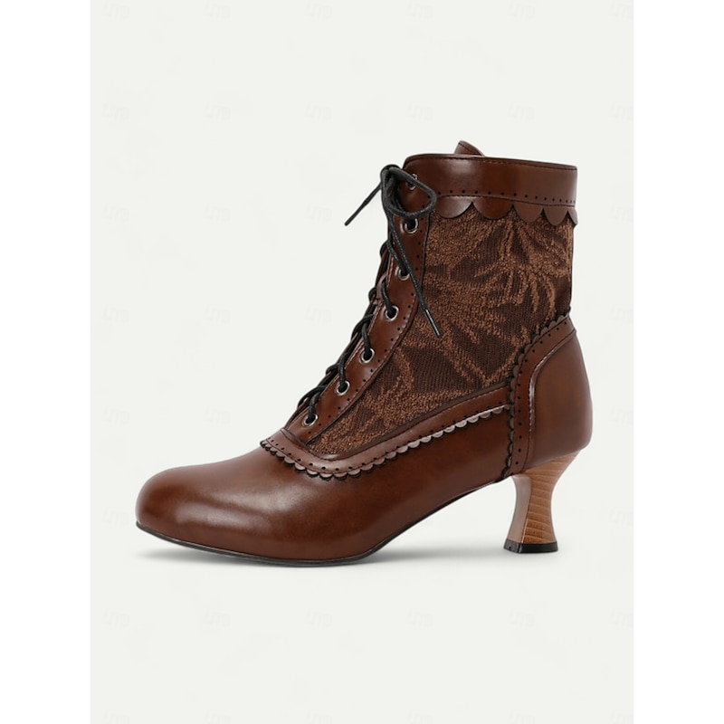 Women's Brown Lace-Up Victorian Ankle Boots with Lace Design and Kitten Heel – Vintage Style for Cosplay or Everyday Wear2