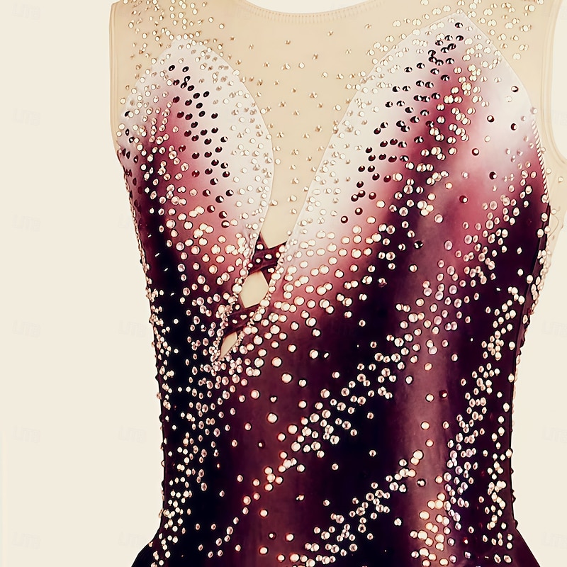 Figure Skating Dress Women's Girls' Ice Skating Dress Burgundy Dark Blue Halo Dyeing Mesh Spandex Stretchy Training Practice Professional Skating Wear Thermal Warm Classic Crystal / Rhinestone3