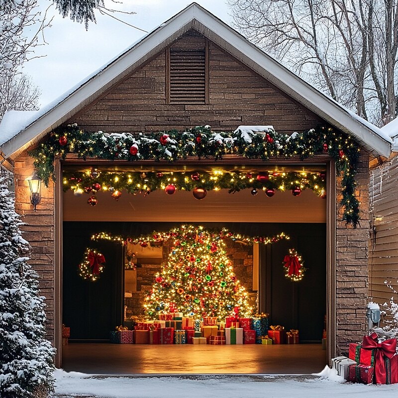 Christmas Door Decorations Outdoor Garage Door Cover Xmas Tree Banner Farmhouse Large Christmas Backdrop for Holiday Outdoor Garage Door Home Wall Decorations 30