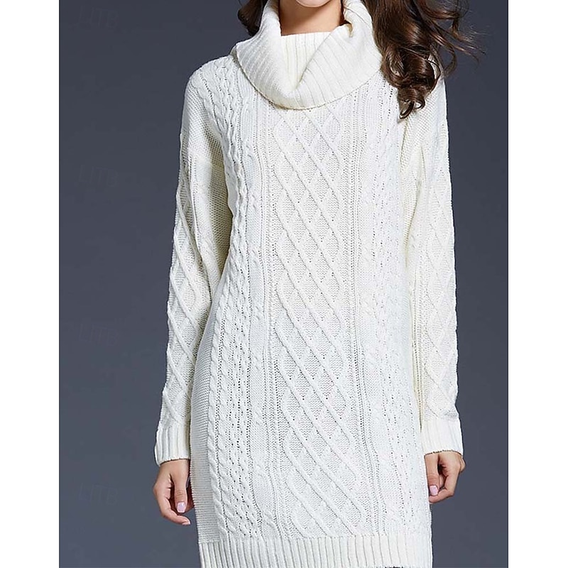 Women's Sweater Dress Casual Soft Pure Color Cable Turtleneck Knitted Long Sleeve Long Tops Knit Outdoor Daily Weekend White Wine Fall Winter