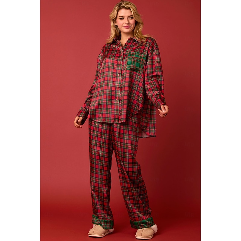 Santa Claus Sleepwear Christmas Pajamas Women's Lounge Sets Plaid Print Check Pattern Adults Christmas New Year Christmas Eve Christmas New Year Eve Home Wear Top Pants2