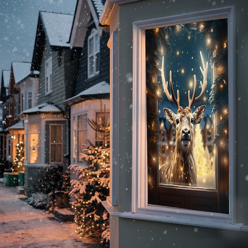 Christmas Window Cover Decorations, Fabric Reindeer Gift Festive Curtain Movie Poster Window Door Covering Decor for Farmhouse House, Happy Christmas Window Clings Decals Indoor Outdoor4