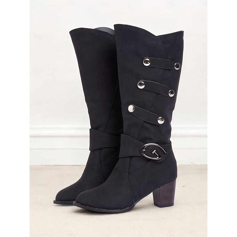 Women's Black Mid-Heel Knee-High Boots – Stylish Button Detail and Western Riding Style, Perfect for Casual Fall Outfits, Outdoor Walks, and Country-Inspired Looks