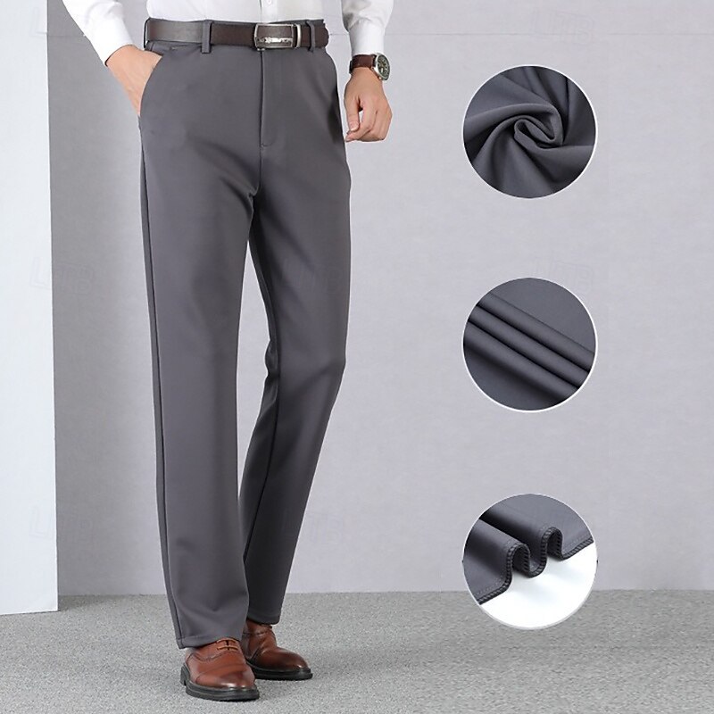 Black Grey Men's Dress Pants Thick Long Solid Color High Elasticity Standard Fit Warm 20242