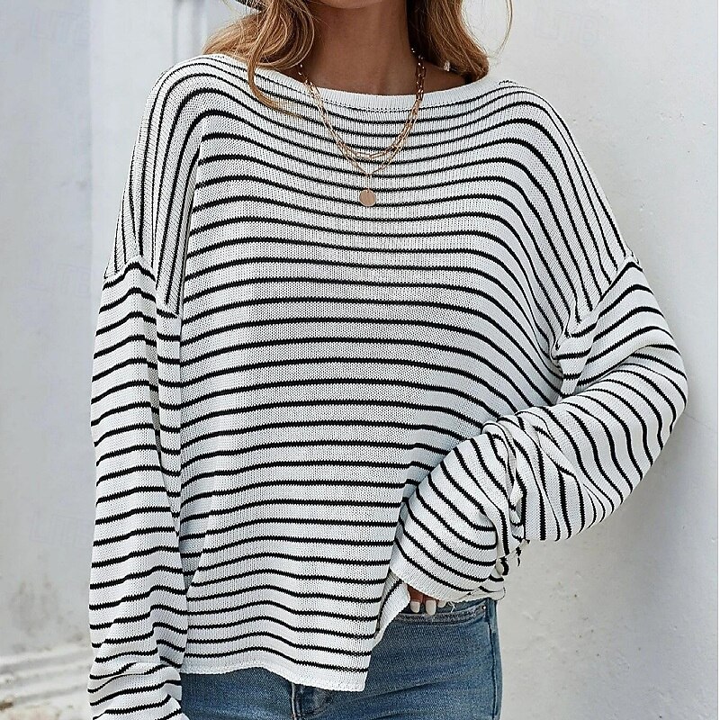 Women's Sweater Streetwear Daily Stylish Striped Boat Neck Knitted Long Sleeve Regular Tops Knit Work White / Black Fall Winter3
