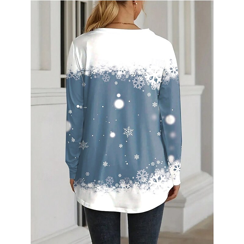Women's T shirt Long Sleeve Crew Neck Long Sleeve Tunic T-shirt Winter Bunny Graphic Print Casual Holiday Festive Snowflake Pattern Regular Fit Light Blue White Prefall2