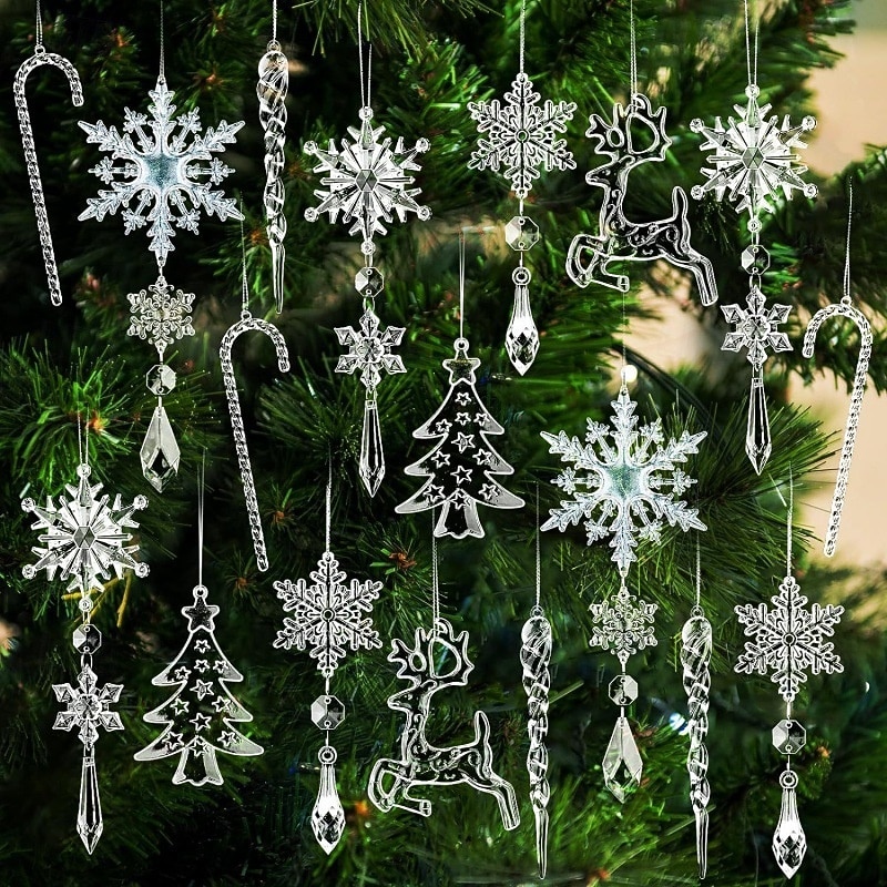 18pcs Christmas Ornaments, Snowflake Hanging Decorations, Acrylic Crystal Icicle and Waterdrop Pendants for Festive Holiday Decor - Main Image
