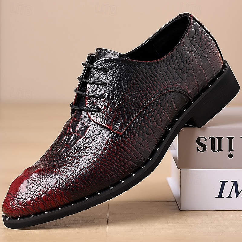 Men's Red and Black Crocodile Pattern Faux Leather Dress Shoes - Lace-Up Formal Oxfords with Embossed Design, Perfect for Business, Weddings, and Special Occasions