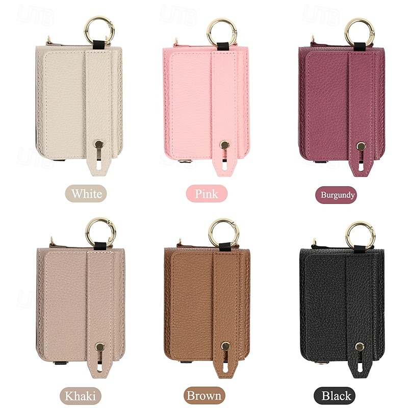 Phone Case For Z Flip 6 Z Flip 5 Back Cover with Stand Holder with Lanyard with Wrist Strap Retro TPU PU Leather