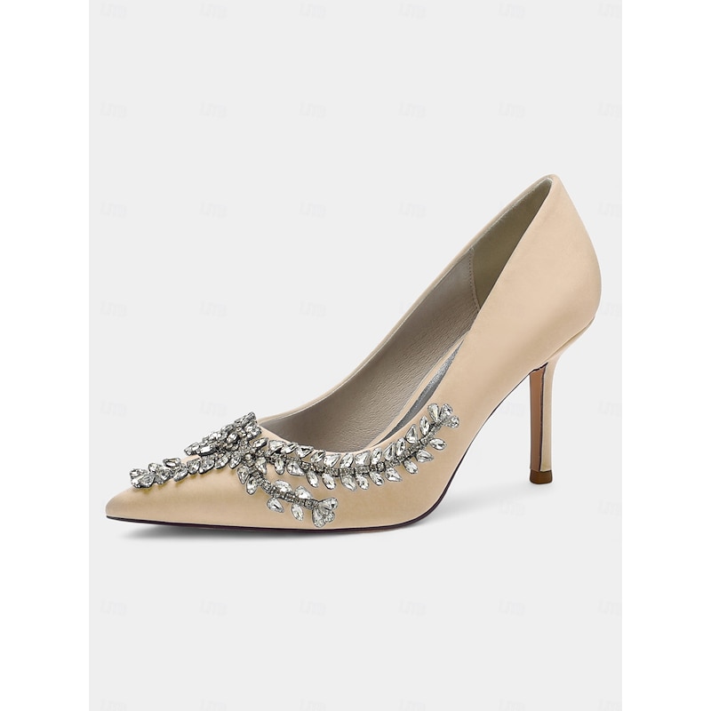 Women's Rhinestone-Embellished Satin Stiletto Heels – Elegant Pointed Toe Pumps for Evening Parties and Formal Events 17