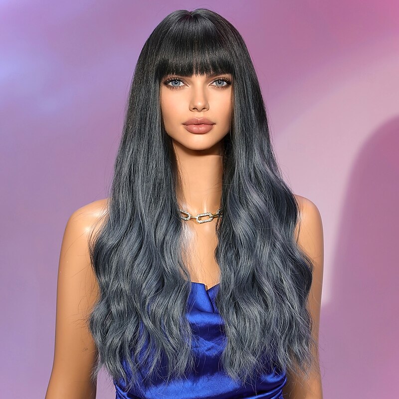 Synthetic Wig Curly Wavy Neat Bang With Bangs Machine Made Wig 26 inch Black / Smoke Blue Synthetic Hair Women's Cute Cosplay Party Blue3