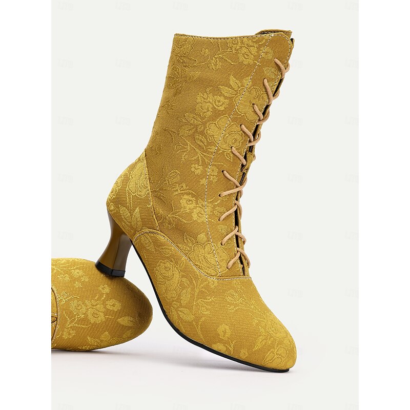 Women's Vintage Floral Lace-Up Ankle Boots with Mid Heel – Elegant Jacquard Boots for Retro Style and Special Occasions3