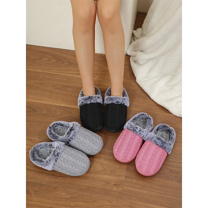 Women's Pink Knit Slippers with Faux Fur Lining – Warm and Cozy Indoor Shoes for Winter Comfort