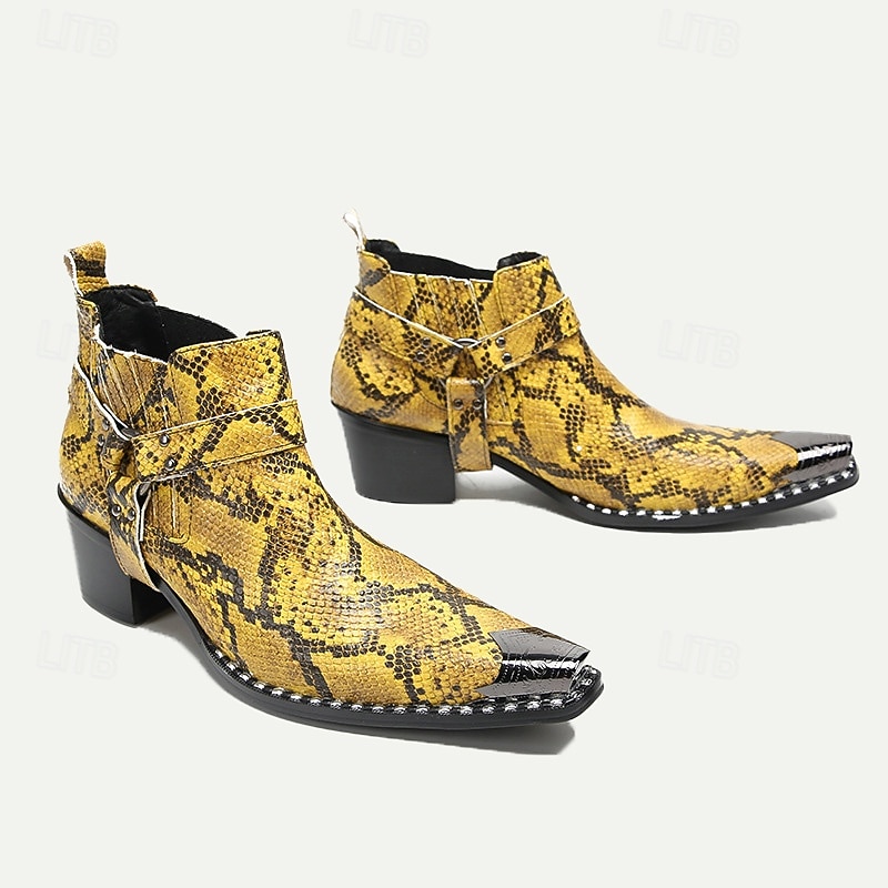 Men's Yellow Snakeskin Leather Motorcycle Boots–Western Style Pointed Toe Ankle Boots with Gold Tip Buckle Straps for Bold Fashion Statements4