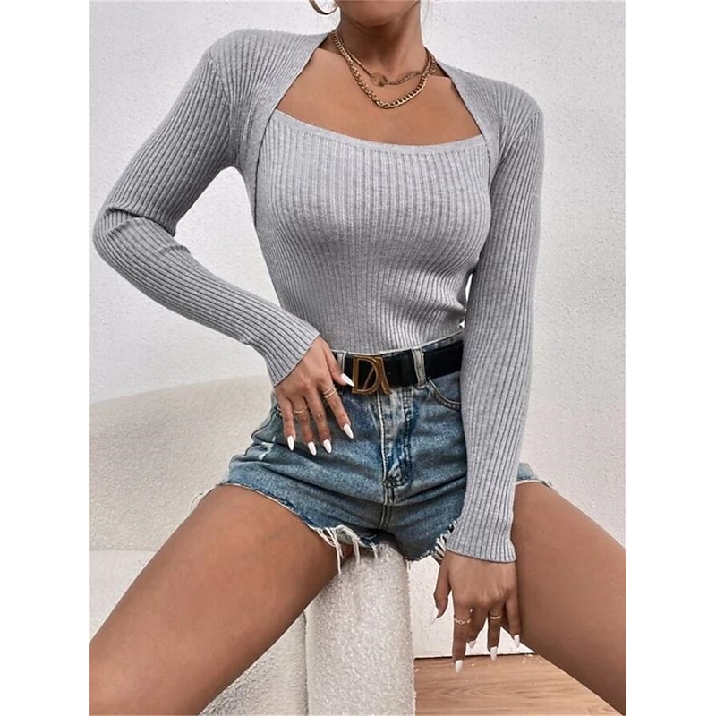 Women's T Shirt Plain Fashion Modern Casual Long Sleeve Square Neck Regular Tops Daily Weekend Black White Red Gray Fall Winter