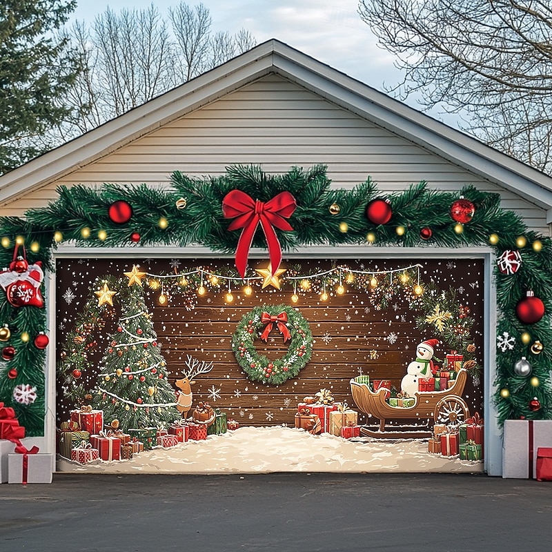 Christmas Door Decorations Outdoor Garage Door Cover Xmas Banner Christmas Scene Farmhouse Large Christmas Backdrop for Holiday Outdoor Garage Door Home Wall Decorations
