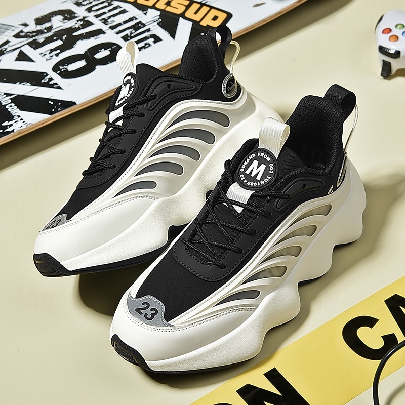 Men's Futuristic Black & White Chunky Sole Sneakers - Lightweight Breathable Athletic Shoes for Casual Wear or Running2