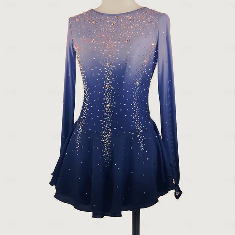 Figure Skating Dress Women's Girls' Ice Skating Dress Dark Blue Thumbhole Halo Dyeing Mesh Spandex Stretchy Training Practice Professional Skating Wear Thermal Warm Classic Crystal / Rhinestone Long