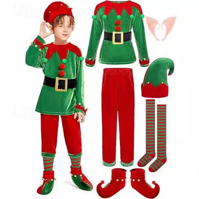 Elf Outfits Fancy Costume Christmas Costume Boys' Cosplay Costume Kid's Christmas New Year Christmas Eve Christmas Party 1 Pair of Earrings Top Pants Socks Shoes