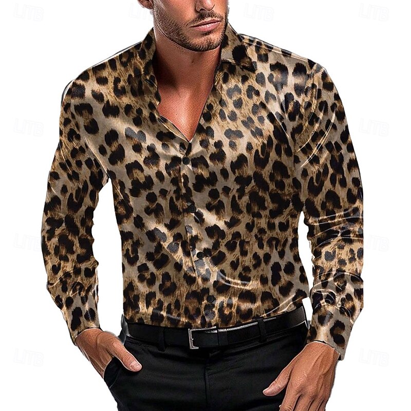Men's Leopard Print Casual Shirt Button Up Shirt Long Sleeve Fashion Casual Party Casual Spring Fall Winter Stand Collar Dark Yellow