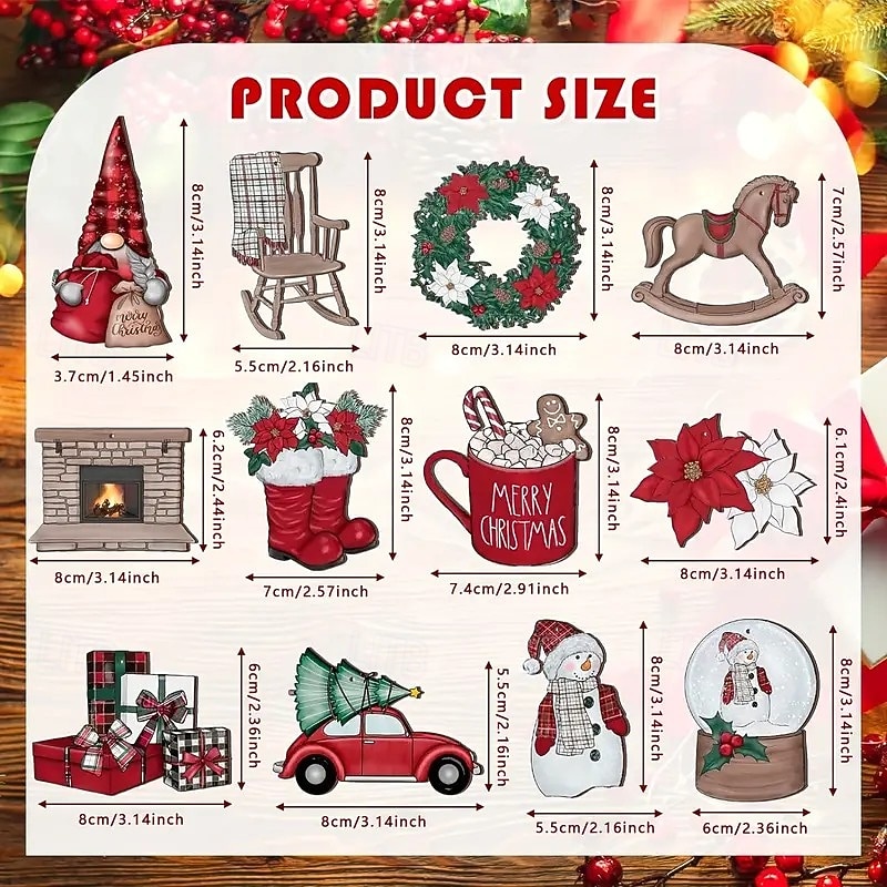 24pcs Christmas Wooden Ornaments, Xmas Tree Pendant Decoration - Vintage Snowman, Gnome, Cactus, Truck, and Wreath Designs with Hanging String for Home and Holiday Party Decor3