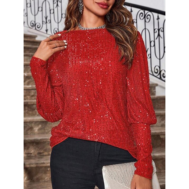 Women's Shirt Blouse Basic Casual Sequins Long Sleeve Regular Tops Crew Neck Daily Red Fuchsia Fall Winter2