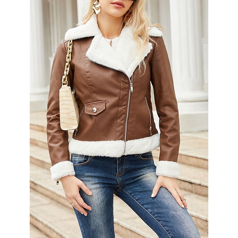 Women's Winter Jacket Fleece Jacket Warm Breathable Zipper Pocket Fleece Lined Casual Plain Vacation Street Daily Wear Going out Zipper Short Turndown Regular Fit Long Sleeve Outerwear Black Royal2