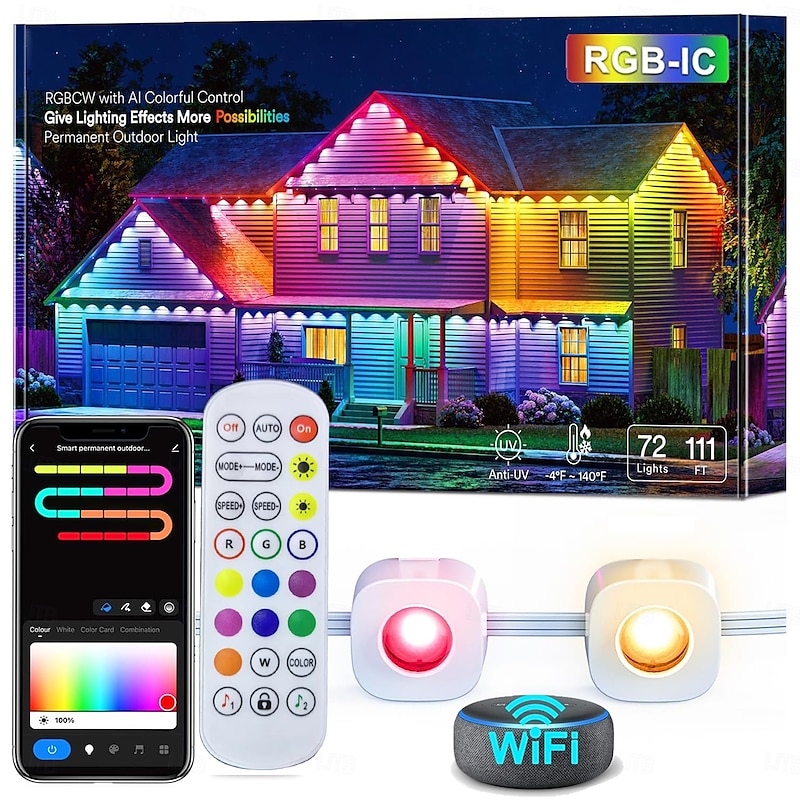 Permanent Light 16.5-150ft Smart RGBIC Outdoor Eaves Light, Eternity Light with Tuya WiFi APP Control, IP65 Waterproof, DIY Programming, Alexa/Google Compatible for Christmas and Home Decorations