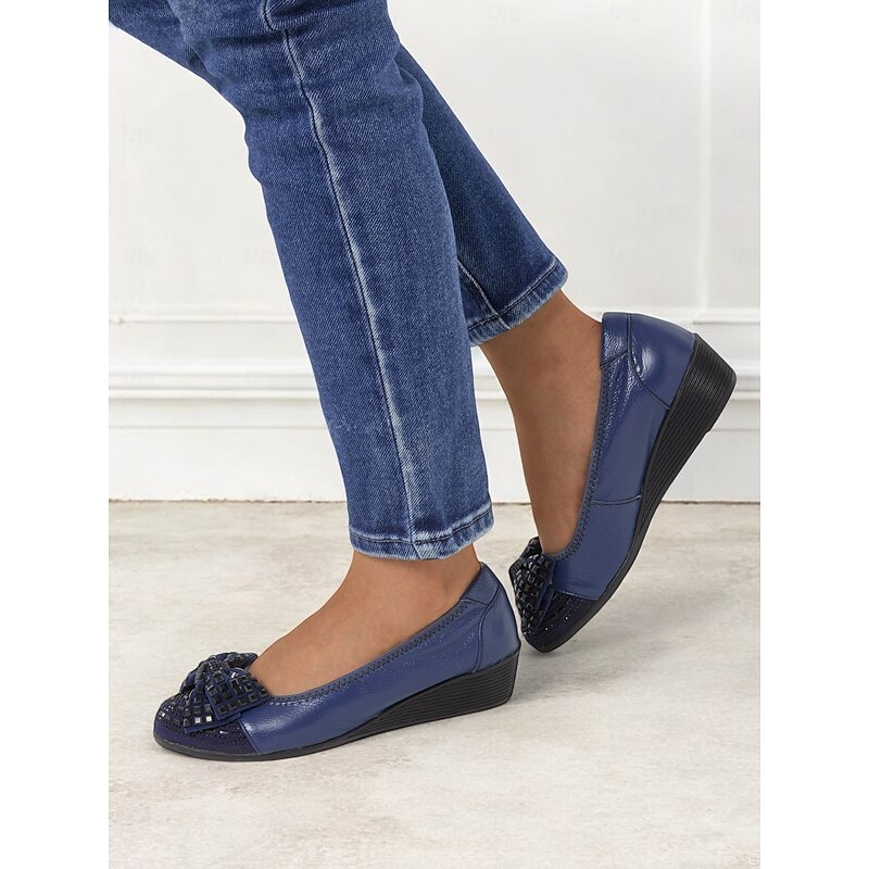 Women's Leather Wedge Flats with Decorative Bow and Embellished Toe – Comfortable Casual Slip-On Shoes for Everyday Wear3