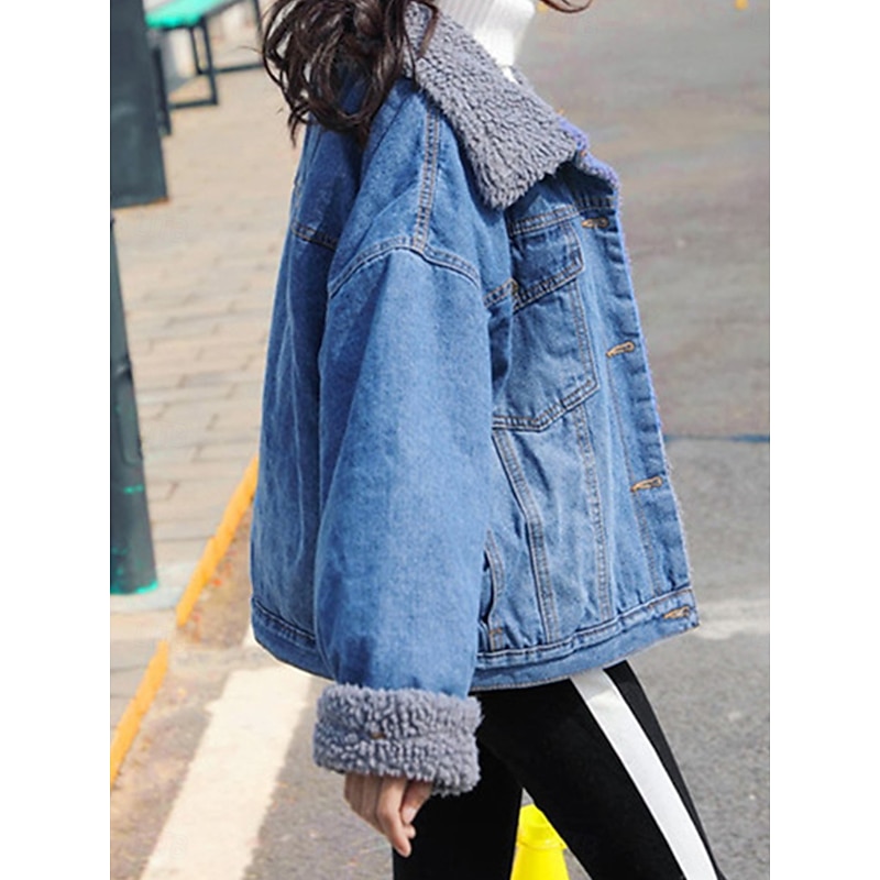 Women's Teddy Coat Hoodie Jacket Denim Jacket Warm Breathable Pocket Fleece Lined Casual Plain Vacation Street Daily Wear Going out Single Breasted Regular Turndown Regular Fit Long Sleeve Outerwear2