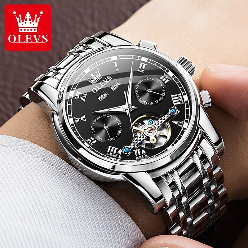 OLEVS TOP Brand Automatic Mechanical Watches Men Luxury Skeleton Flywheel Stainless Steel Waterproof Business Wristwatch 66074