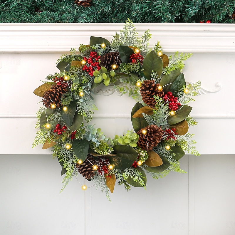 Christmas Lighted Wreath Outdoor for Front Door Winter Wreath with Pinecones, Illuminated Holiday Garland for Window and Door Hanging, Faux Berry and Leaf Vine Decor for Wall and Patio2