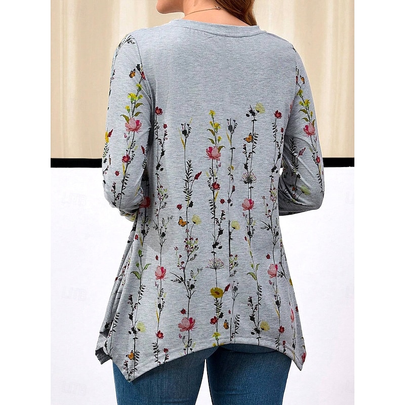 Women's Tunic T Shirt Floral Casual Long Sleeve Crew Neck Regular Tops Daily Print Asymmetrical Gray Spring &  Fall2