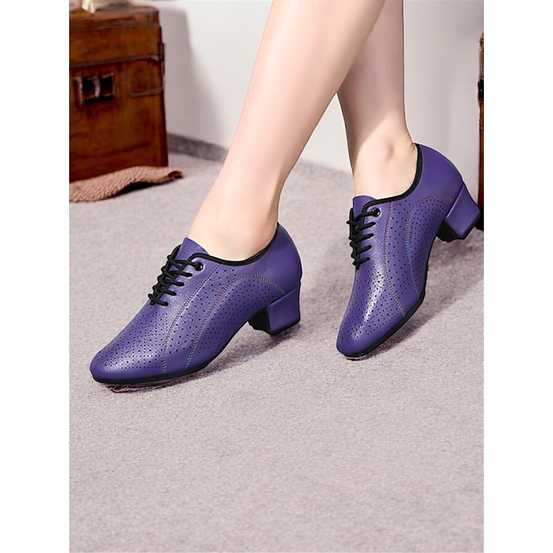 Women's Purple Perforated Leather Dance Shoes - Lace-Up Low Heel Jazz Shoes for Ballroom and Latin Dance