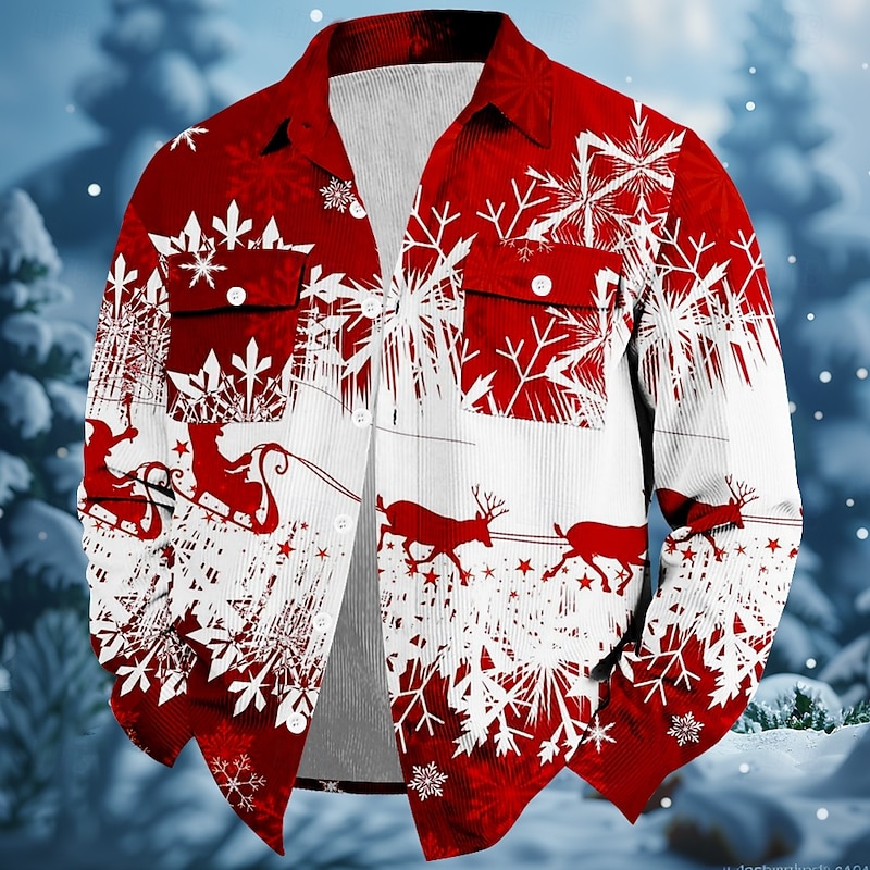 Christmas Men's Snowflake Shirt Corduroy Shirt Shirt Jacket Long Sleeve Fashion Casual Street Dailywear Fall & Winter Turndown Collared Shirts Buttons 3D Print 2 Pockets 1pc Light Red Red Blue Purple