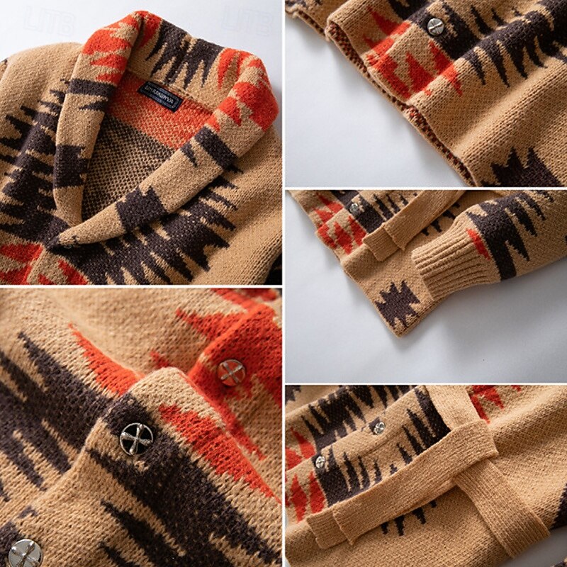 Men's Jacquard Sweater Cardigan Sweater Cropped  Sweater Ribbed Crochet Knit Regular Button Up Jacquard Vintage Shawl Collar Fashion Classic Daily Wear Date Clothing Apparel Fall & Winter khaki M L XL3