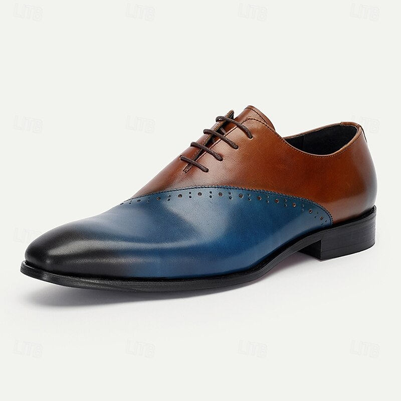 Men's Premium Cowhide Leather Oxford Shoes – Brown to Blue Gradient Formal Dress Shoes with Brogue Detailing for Business and Special Occasions3