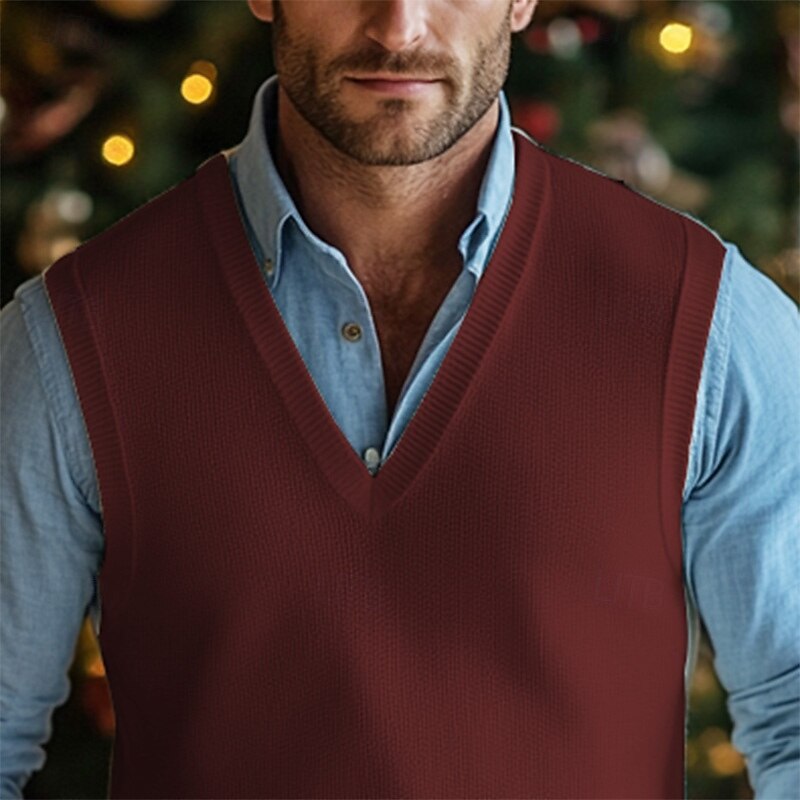 Men's Christmas Sweaters Sweater Ribbed Knit V Neck Solid Color V Neck Elegant Vintage Formal Home Clothing Apparel Bishop Sleeve Fall Winter Camel Wine M L XL3