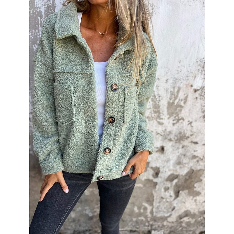 Women's Fleece Jacket Teddy Coat Warm Breathable Buttons Pocket Fleece Lined Casual Plain Vacation Street Daily Wear Going out Single Breasted Short Lapel Regular Fit Long Sleeve Outerwear Yellow3